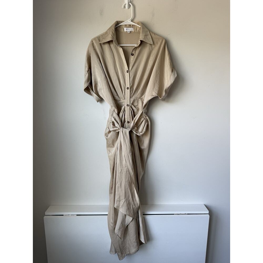 Antropopologie Mable Button Down Rushed collared Beige Long Dress Belt Sz Small